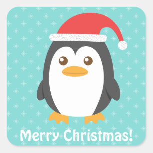Pegatina Cuadrada Pequeño pingüino lindo con Navidades de Santa Hat