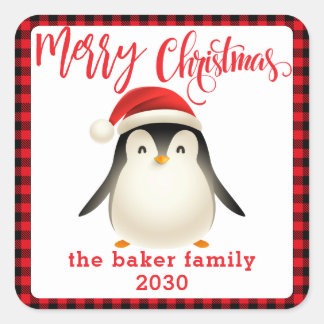Pegatina Cuadrada Pequeño pingüino lindo con Navidades de Santa Hat