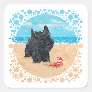 Pegatina Cuadrada Pequeño Scottie encuentra un cangrejo en la playa