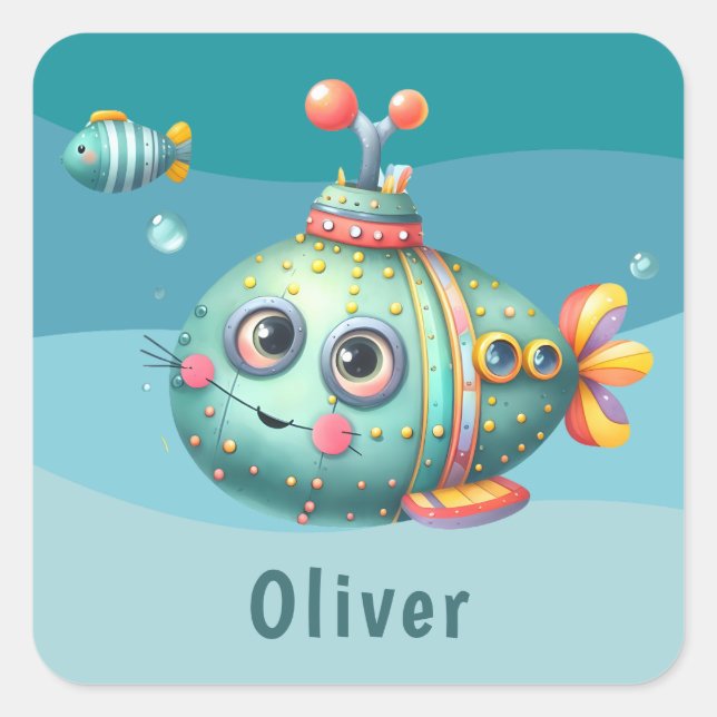 Pegatina Cuadrada Pequeño submarino colorido (Anverso)