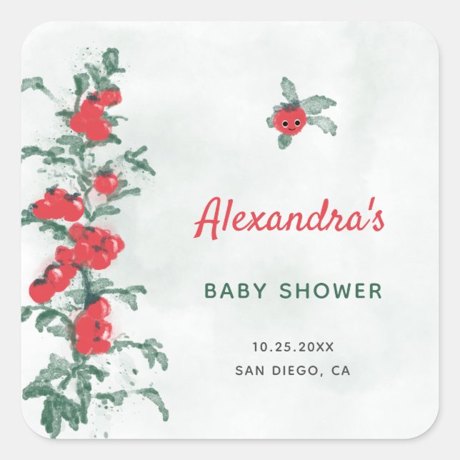 Pegatina Cuadrada Pequeño tomate Rústico Moda acuarela Baby Shower (Anverso)
