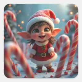 Pegatina Cuadrada Pequeño y lindo elfo de caramelo