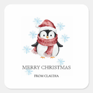 Pegatina Cuadrada Pequeño y lindo pingüino Navidad personalizado