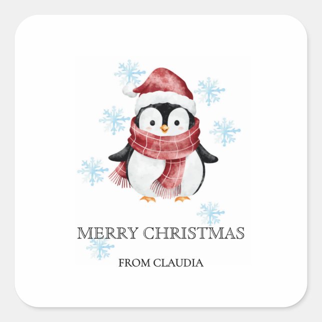 Pegatina Cuadrada Pequeño y lindo pingüino Navidad personalizado (Anverso)
