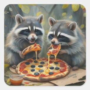 Pegatina Cuadrada Pequeños animales graciosos comiendo una pizza div