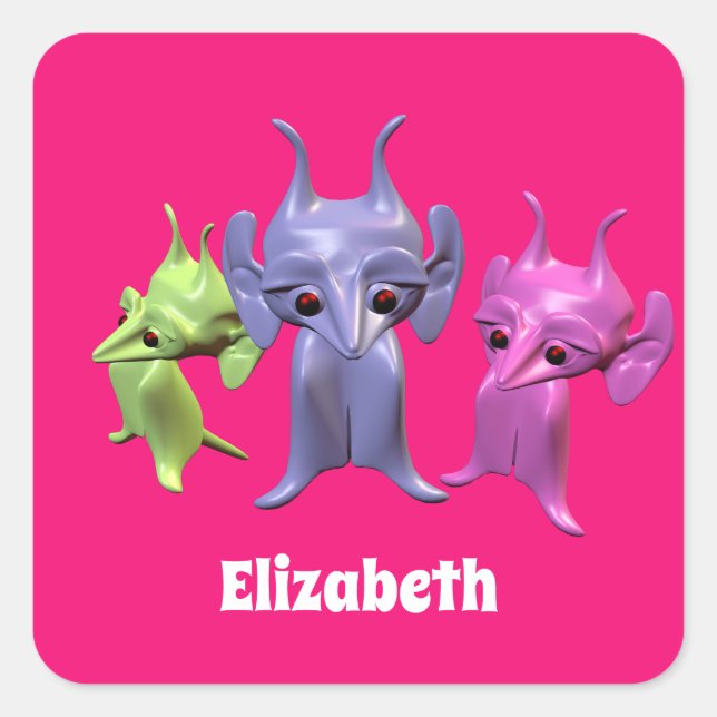 Pegatina Cuadrada Pequeños martianos, personalizados para los niños. (Anverso)