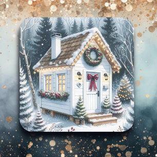 Pegatina Cuadrada Pequeños Navidades caseros blancos festivos