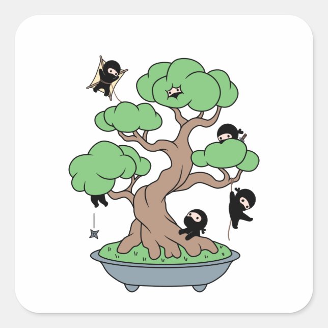 Pegatina Cuadrada Pequeños Ninjas en el árbol Bonsai (Anverso)