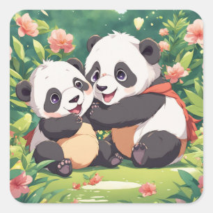 Pegatina Cuadrada Pequeños Pandas Jugadores Cuidados - Estilo Anime