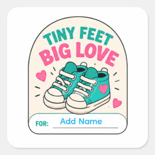 Pegatina Cuadrada 👟 Pequeños Pies Gran Amor Nombre de Baby Shower �