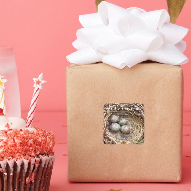 Pegatina Cuadrada Pequeños tesoros foto de huevos de nido de aves (Fiesta)