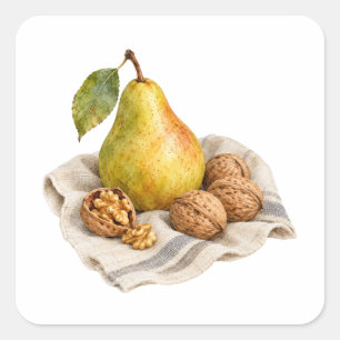 Pegatina Cuadrada Pera y nueces sobre un paño de lino