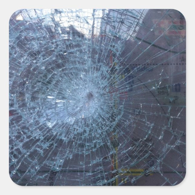 Pegatina Cuadrada Perdido — con vidrio roto y mapa (Anverso)