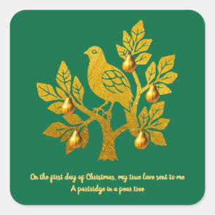 Pegatina Cuadrada Perdiz en un árbol de pera esmeralda verde Navidad
