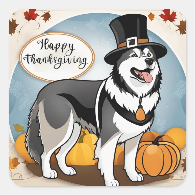 Pegatina Cuadrada Peregrinaje Peregrino Perro Malamute Feliz Día de  (Anverso)