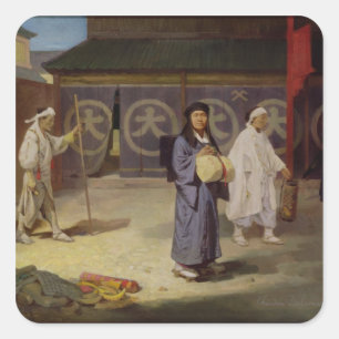 Pegatina Cuadrada Peregrino japonés regresando del Monte Fusi Yama