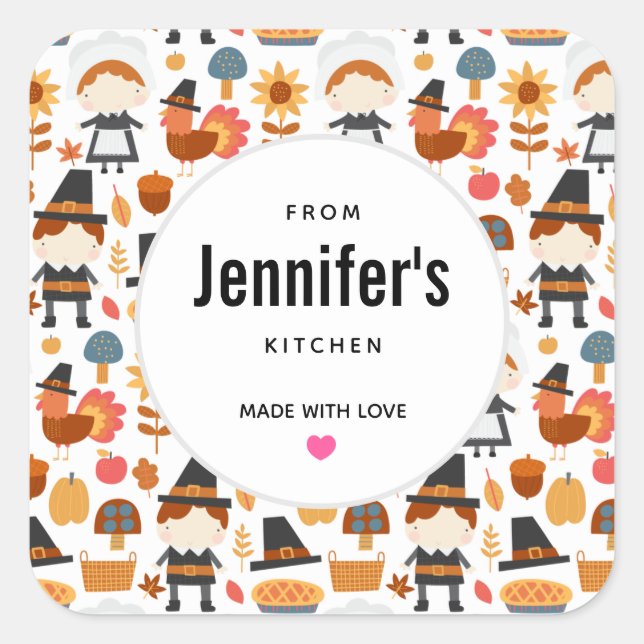 Pegatina Cuadrada Peregrinos de Acción de Gracias Cosecha Patrón Coc (Anverso)