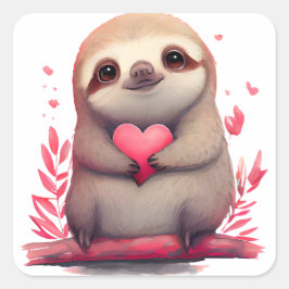 Pegatina Cuadrada Perezoso Corazón Bonito San Valentín