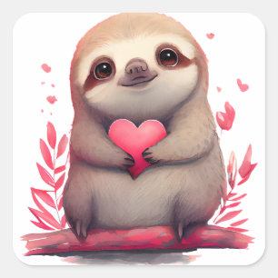 Pegatina Cuadrada Perezoso Corazón Bonito San Valentín