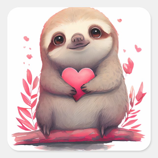 Pegatina Cuadrada Perezoso Corazón Bonito San Valentín (Anverso)
