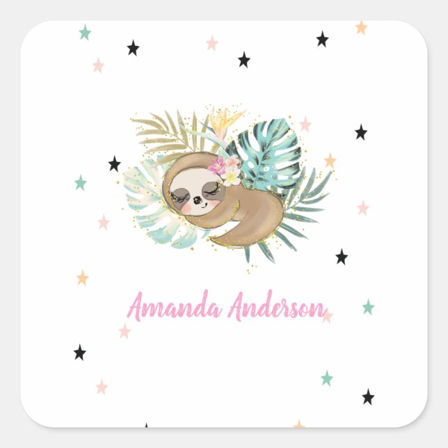 Pegatina Cuadrada Perezoso Dormido Lindo,Estrellas,Princesa (Anverso)