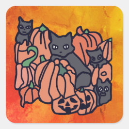 Pegatina Cuadrada Perfectamente embrujados: Gatos y calabazas en Hal