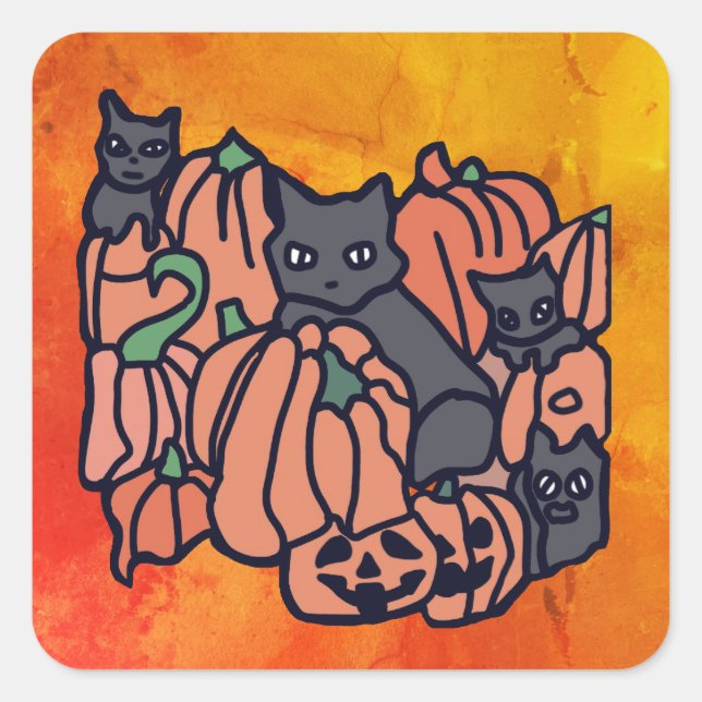 Pegatina Cuadrada Perfectamente embrujados: Gatos y calabazas en Hal (Anverso)