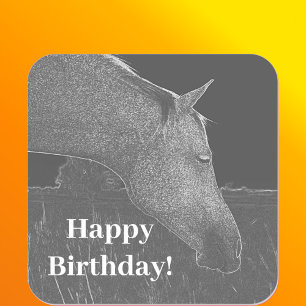 Pegatina Cuadrada Perfil de caballo en arte Gray Happy Birday