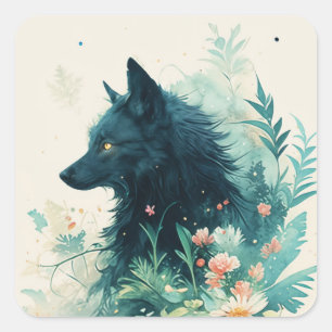 Pegatina Cuadrada Perfil de Lobo Negro Acuarela Floral Arte Azul Ver