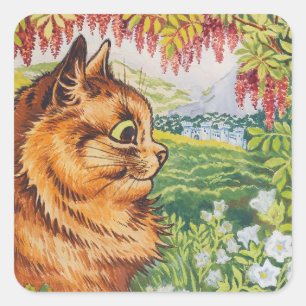 Pegatina Cuadrada Perfil del gato Arte de la época floral de Louis W