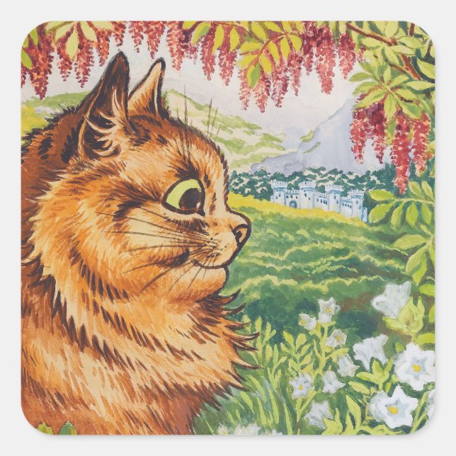 Pegatina Cuadrada Perfil del gato Arte de la época floral de Louis W (Anverso)