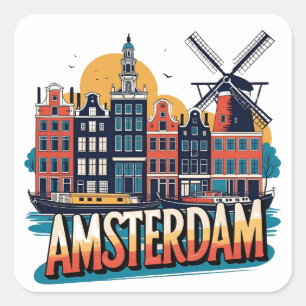 Pegatina Cuadrada Perfil urbano de Ámsterdam