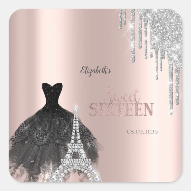 Pegatina Cuadrada Perforaciones purpurinas, Vestido, Torre Eiffel Du (Anverso)