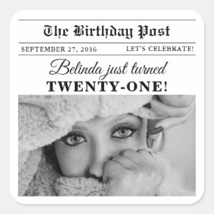 Pegatina Cuadrada Periódico de Cumpleaños Diversión Foto en Blanco y