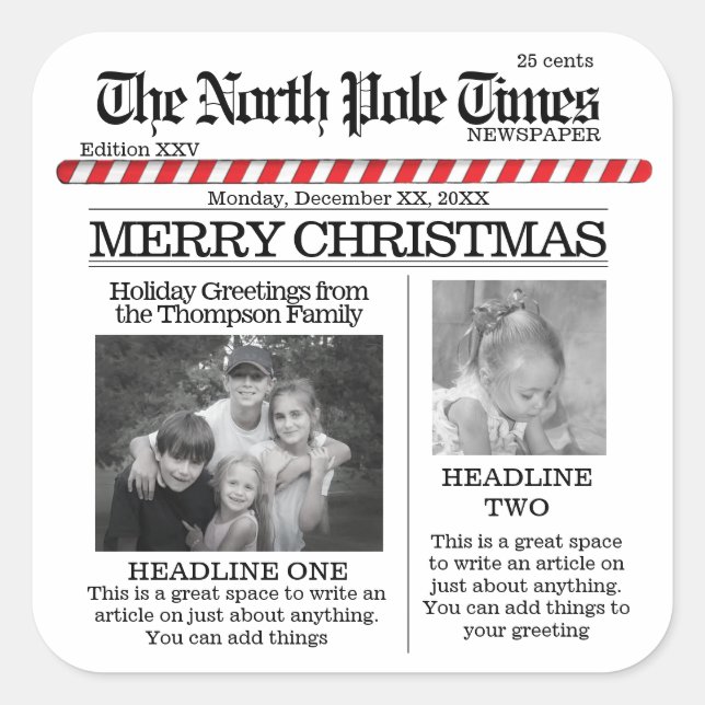 Pegatina Cuadrada Periódico de vacaciones de navidades del Polo Nort (Anverso)