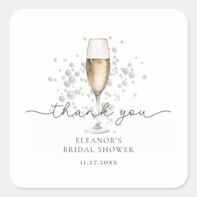 Pegatina Cuadrada Perlas acuarelas y ducha de novia Prosecco (Anverso)