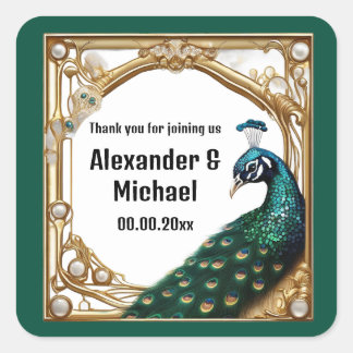 Pegatina Cuadrada Perlas de pavo real de lujo arte nouvea gracias al