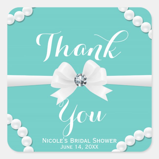 Pegatina Cuadrada Perlas Glam & Brillo de Lazo Favor Elegante Chic (Anverso)