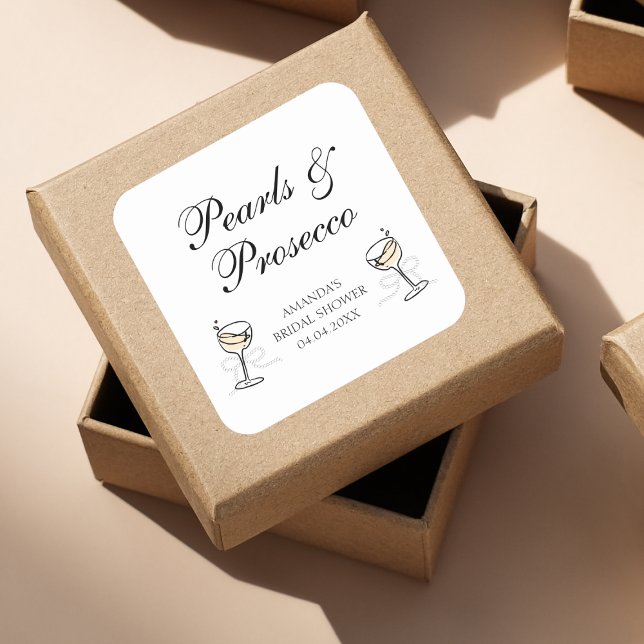 Pegatina Cuadrada Perlas y Prosecco Bridal Shower Elegante (Pearls & Prosecco Elegant Bridal Shower Square Sticker)