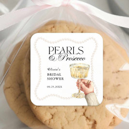 Pegatina Cuadrada Perlas y Prosecco Elegante Ducha Bridal Brunch