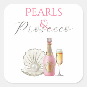 Pegatina Cuadrada Perlas y Prosecco Rosa Desayuno de Novia