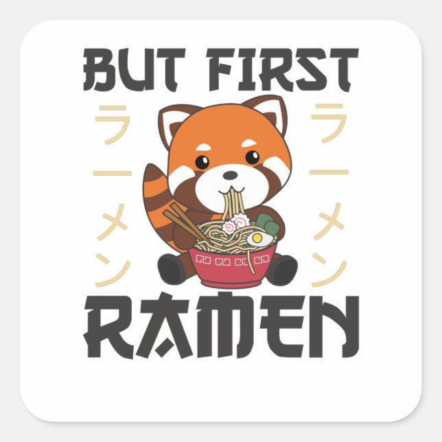 Pegatina Cuadrada Pero el primer Ramen Cute Red Panda come Ramen (Anverso)