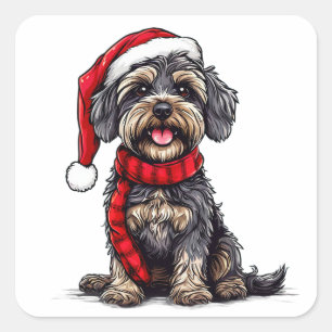 Pegatina Cuadrada Perrito Adorable con Gorro de Santa Celebrando la