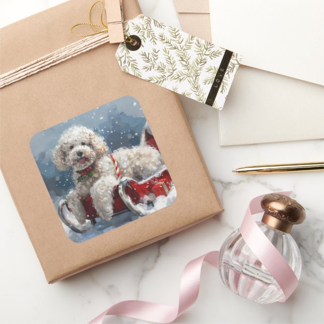 Pegatina Cuadrada Perrito Caniche Navidad Festiva (Regalar)