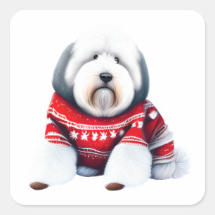 Pegatina Cuadrada Perrito inglés antiguo gracioso en suéter Navidad