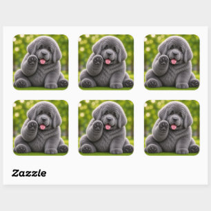 Pegatina Cuadrada Perrito regordete newfie gris
