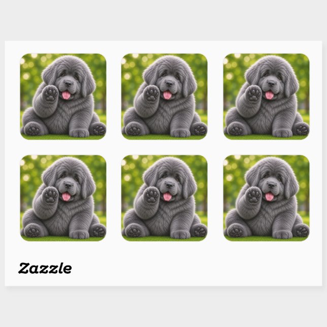 Pegatina Cuadrada Perrito regordete newfie gris (Hoja)
