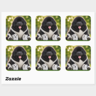 Pegatina Cuadrada Perrito regordete Newfie Landseer negro y blanco