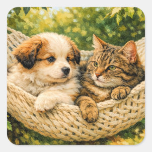 Pegatina Cuadrada Perrito y gatito,