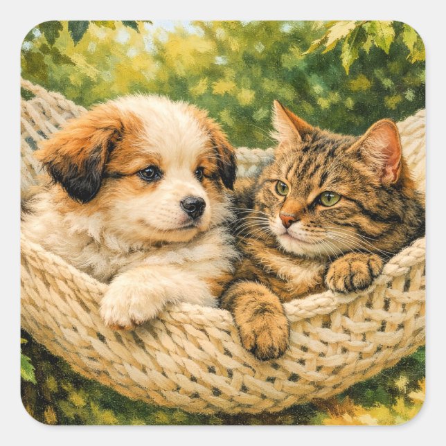 Pegatina Cuadrada Perrito y gatito, (Anverso)